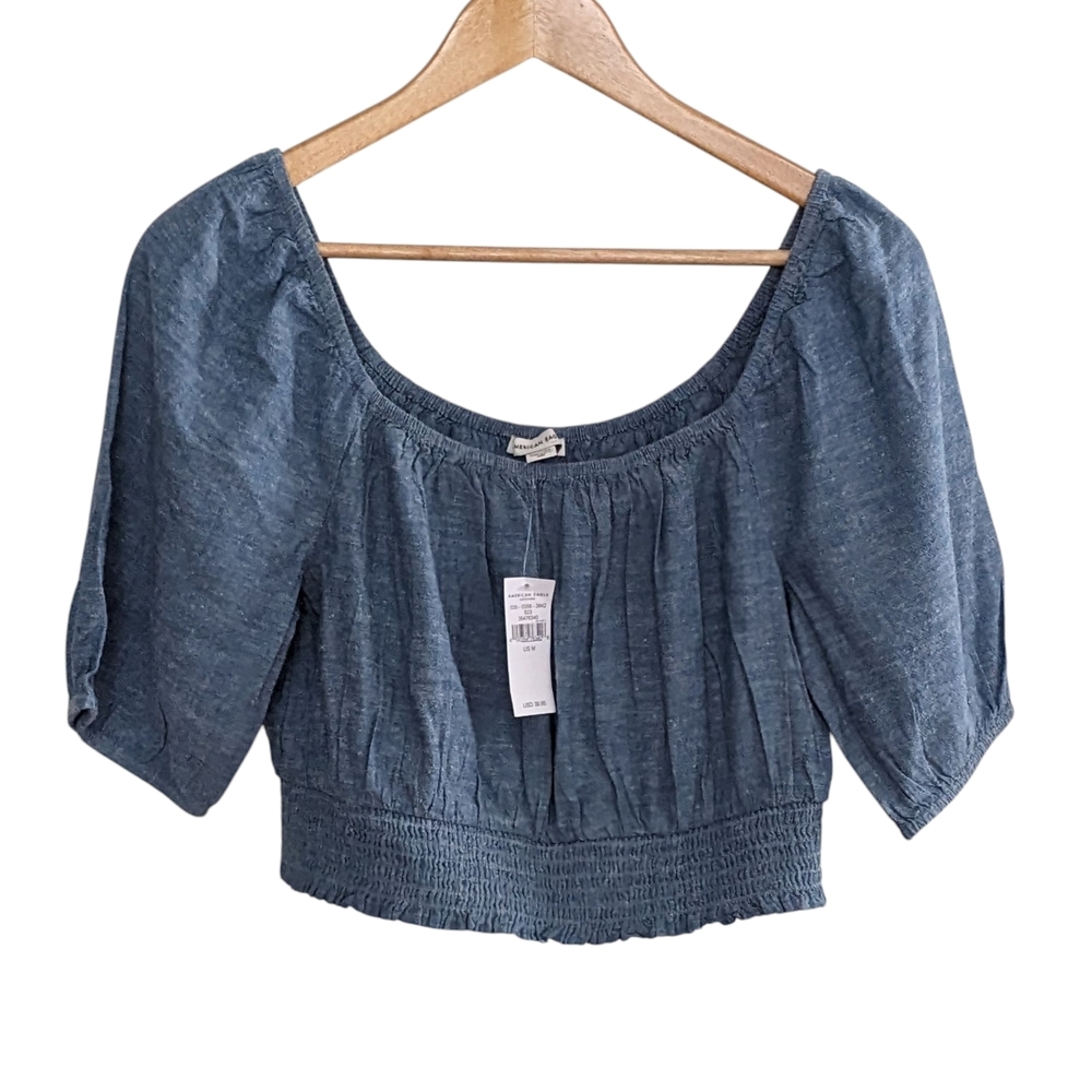NWT American Eagle Outfitters Blue Puff Sleeve Smocked Crop Blouse Size Medium